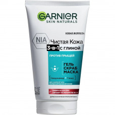 Garnier Гель + Скраб + Маска для лица Чистая Кожа 3-в-1 с экстрактом эвкалипта цинком и салициловой кислотой против прыщей 150 мл